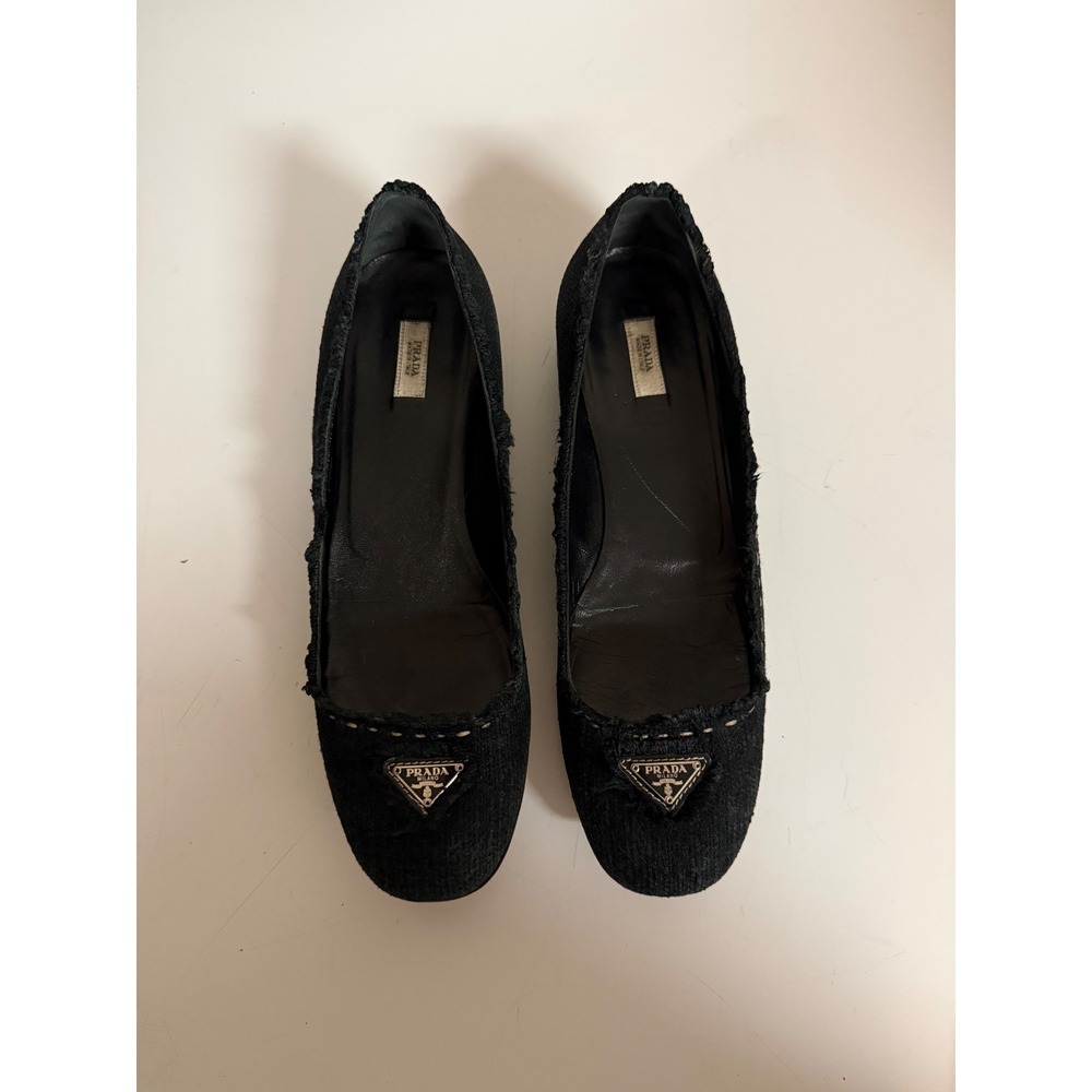 Prada Black Canvas Frayed Triangle Logo Ballet Flats Size 38 Round Toe Shoes